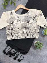 Black Handloom Khadi Cotton Saree With Embrodery Work Stitched Blouse